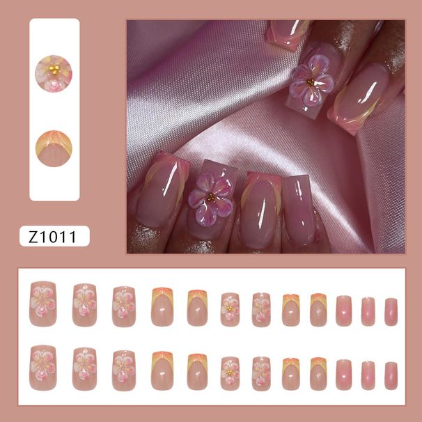 Beauty & Health Girl Blush Gradient French Three Dimensional Stripes Ice Flower Gold Beans Ins Style Detachable Nail Art Pieces 24 Pieces_viptrois.com
