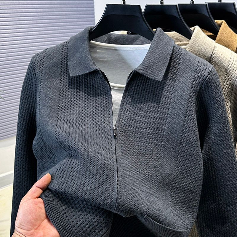 Men's Jacquard Knit Cardigan – Stylish Zipper Pocket Sweater Coat (Beige/Brown/Grey/Black, Sizes M-3XL)_viptrois.com
