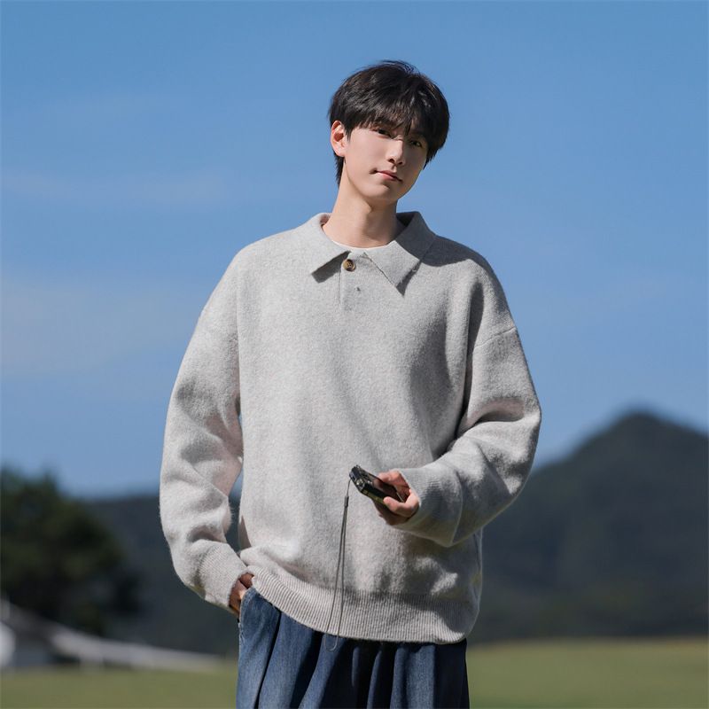 Solid Color Lapel Sweater Men's Loose Casual Base Line Sweater Knitted Sweater_viptrois.com