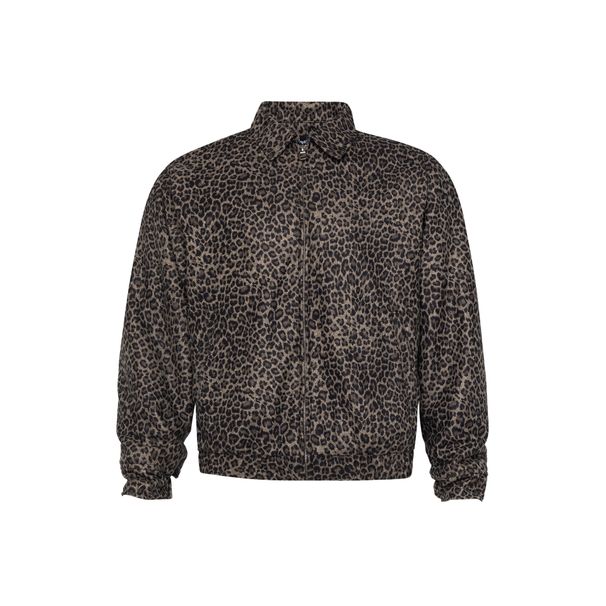 Men's Clothing retro leopard zipper jacket wild Maillard brown lapel loose heavy jacket_viptrois.com