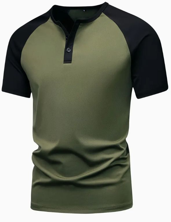 Men's Colorblocked Shoulder Short Sleeve Henry Shirt, Single Breasted Breathable Sports Casual Tops_viptrois.com