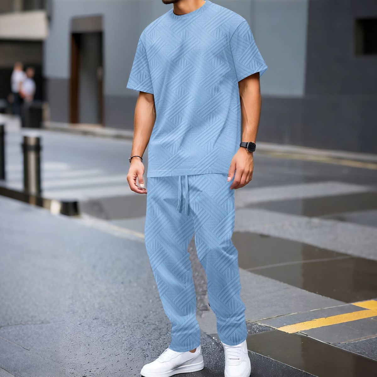 Men's Clothing Summer Men's Heavy Solid Color Jacquard Round Neck Short Sleeved T Shirt Trousers Outdoor Leisure Two Sets_viptrois.com