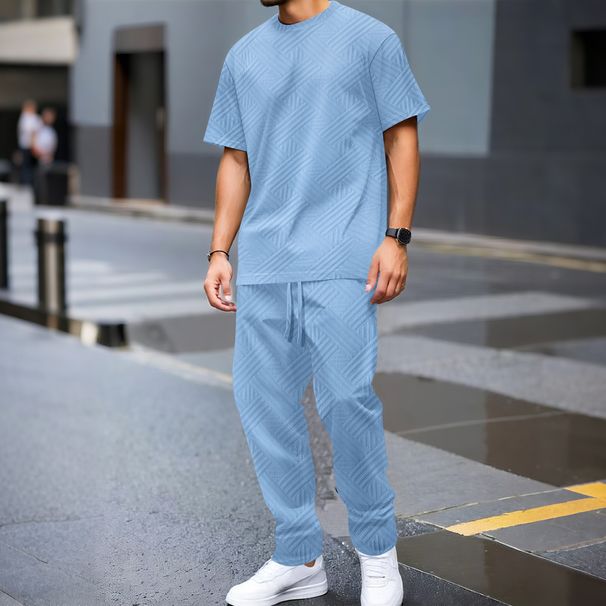 Men's Clothing Summer Men's Heavy Solid Color Jacquard Round Neck Short Sleeved T Shirt Trousers Outdoor Leisure Two Sets_viptrois.com