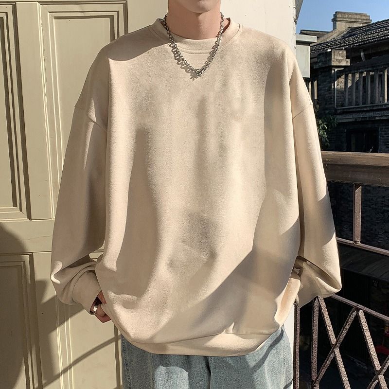 New suede hoodie for men in spring and autumn, loose fitting with inner layer, men's round neck long sleeved base shirt_viptrois.com