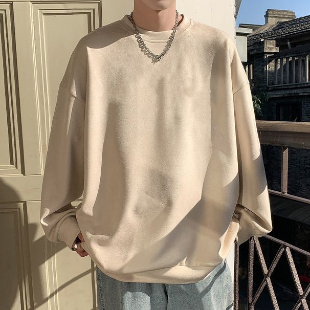Suede hoodie for men, spring and autumn new styles, loose fitting inner layer, men's round neck long sleeved base shirt_viptrois.com