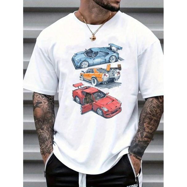 Camiseta Casual Manga Corta Con Cuello Redondo Y Estampado De Coche Para Hombre_viptrois.com