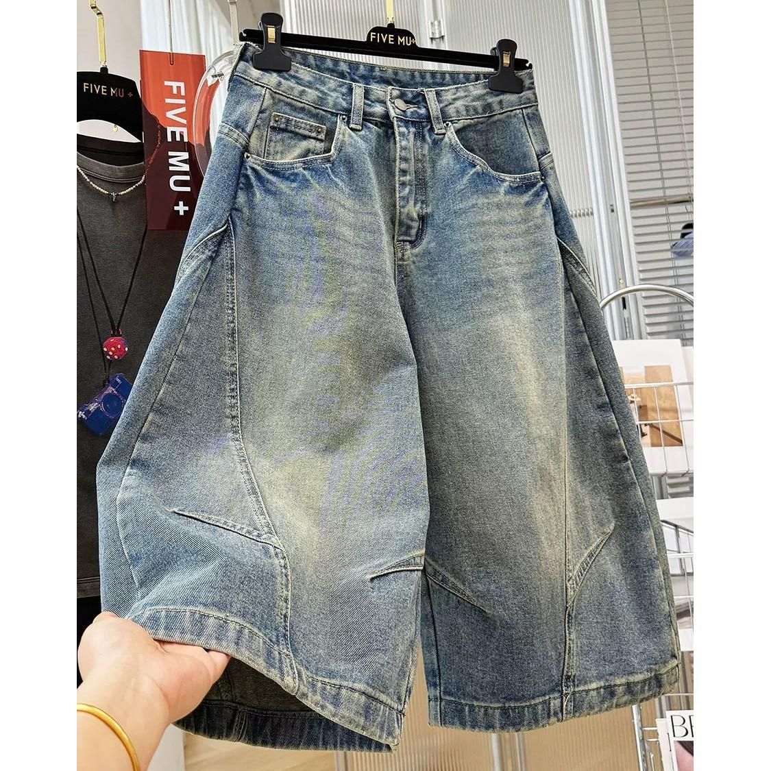 Men's Clothing Men's Distressed Washed Denim Capri Pants Deconstructed Cutaway Curved Blade Mid Length Loose Wide Leg Shorts_viptrois.com
