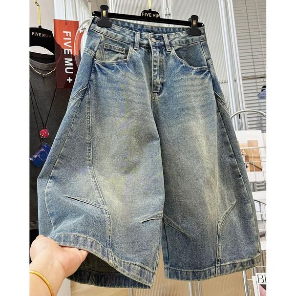 Men's Clothing Men's Distressed Washed Denim Capri Pants Deconstructed Cutaway Curved Blade Mid Length Loose Wide Leg Shorts_viptrois.com