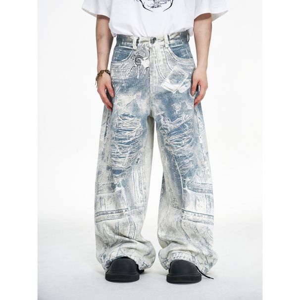 Retro 3D Printed Keychain Jeans Men's Baggy Wide-Leg Denim Pants with Digital Kangaroo Print Distressed Detailing_viptrois.com