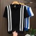 Men's Striped Knit Polo Shirt - Breathable Summer Short Sleeve, Slim Fit & Colorblock Design (Black, White, Blue)_viptrois.com