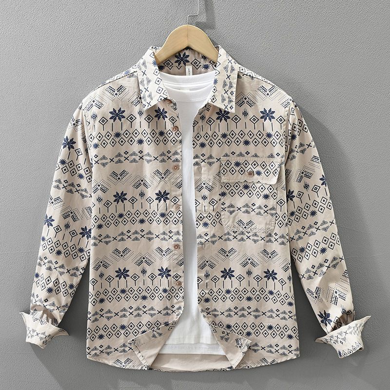 Trendy Printed Long Sleeved Shirt For Men, Fashionable And Versatile, Artistic And Casual Loose Top_viptrois.com