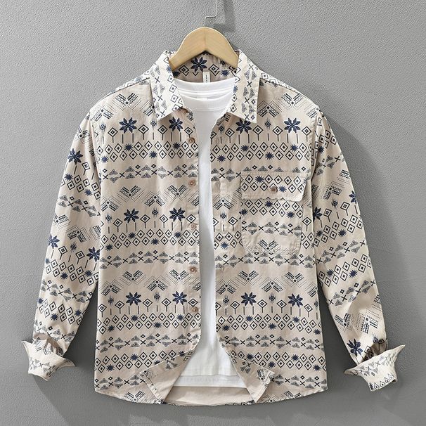 Trendy Printed Long Sleeved Shirt For Men, Fashionable And Versatile, Artistic And Casual Loose Top_viptrois.com