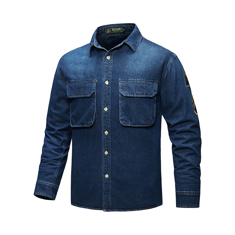 Men's Long Sleeve Denim Shirt - Vintage Workwear Jacket With Military Style, Breathable Cotton, Relaxed Fit For Casual & Outdoor Wear_viptrois.com