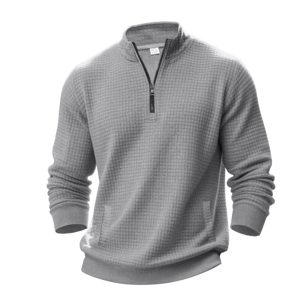 Men's Jacquard Checkered Half-Zip Sweatshirt – Stand Collar Pullover (Black/Grey/Khaki, Sizes S-XXXL)_viptrois.com