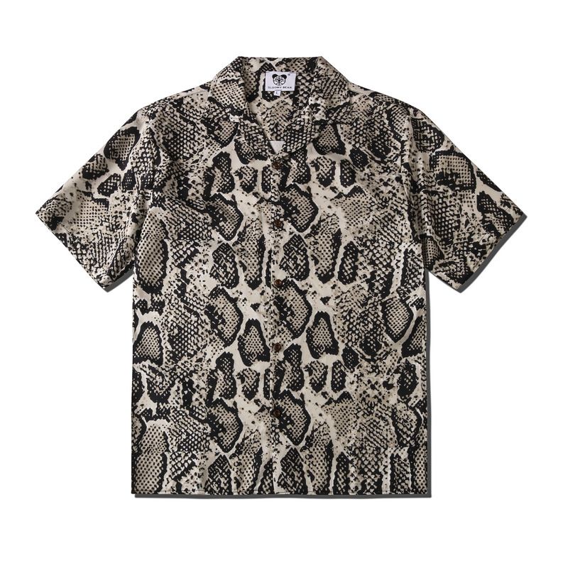 Men's Clothing Street Fashion Casual Cardigan Snake Print Summer Short Sleeved Lapel Shirt_viptrois.com