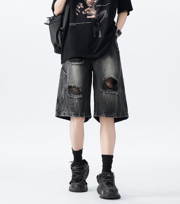Men's Distressed Denim Shorts, Lightweight Ripped Knee-Length Cargo Shorts With Multiple Pockets, Loose Fit Streetwear Hip Hop Style Summer Shorts_viptrois.com