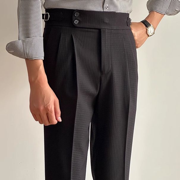 Men's Clothing Light Apricot Straight Naples High Waist Trousers Summer High Quality High Value Waffle Check Double Pleat Casual Trousers Men_viptrois.com