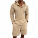 Men's Clothing Men's Summer Outfit Loose Linen Jacquard Striped Casual Long Sleeve Henley Top With Hood And Shorts Set_viptrois.com