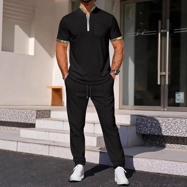 Men's New Waffle Collar Zipper Color Matching Short Sleeved Trousers Casual Sports Suit_viptrois.com