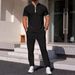 Men's New Waffle Collar Zipper Color Matching Short Sleeved Trousers Casual Sports Suit_viptrois.com