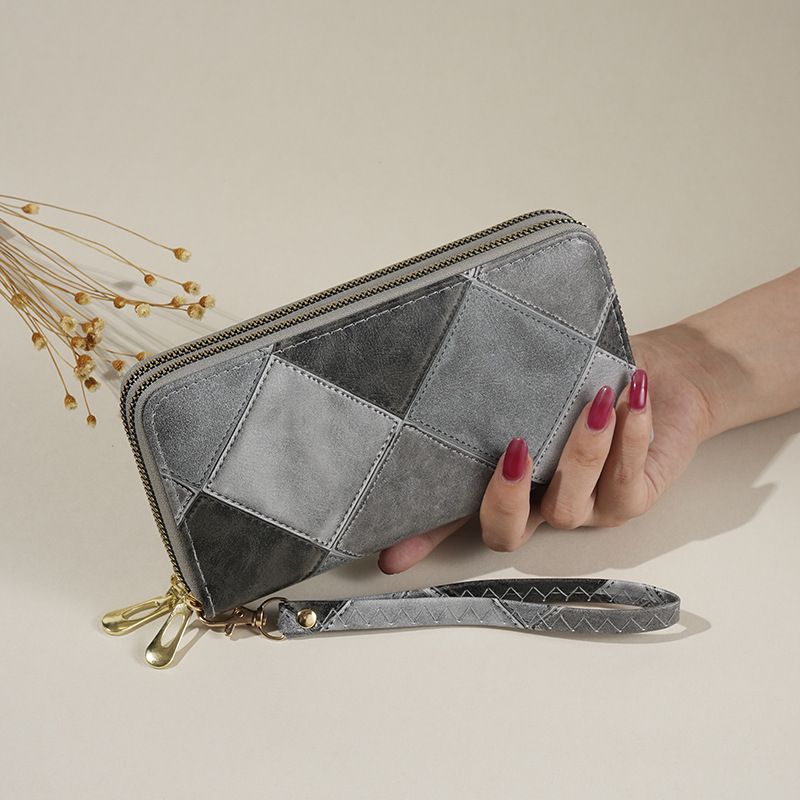 Wallet Card Cases Women Wallet Leather Colorblock Retro Double Zipper Large Capacity Clutch Fashion Multi Card Slot Mobile Phone Bag_viptrois.com