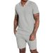 Men's Clothing Summer New Waffle V Neck Men's Short Sleeved Shorts Two Piece Lapel Polo Men's Suit_viptrois.com