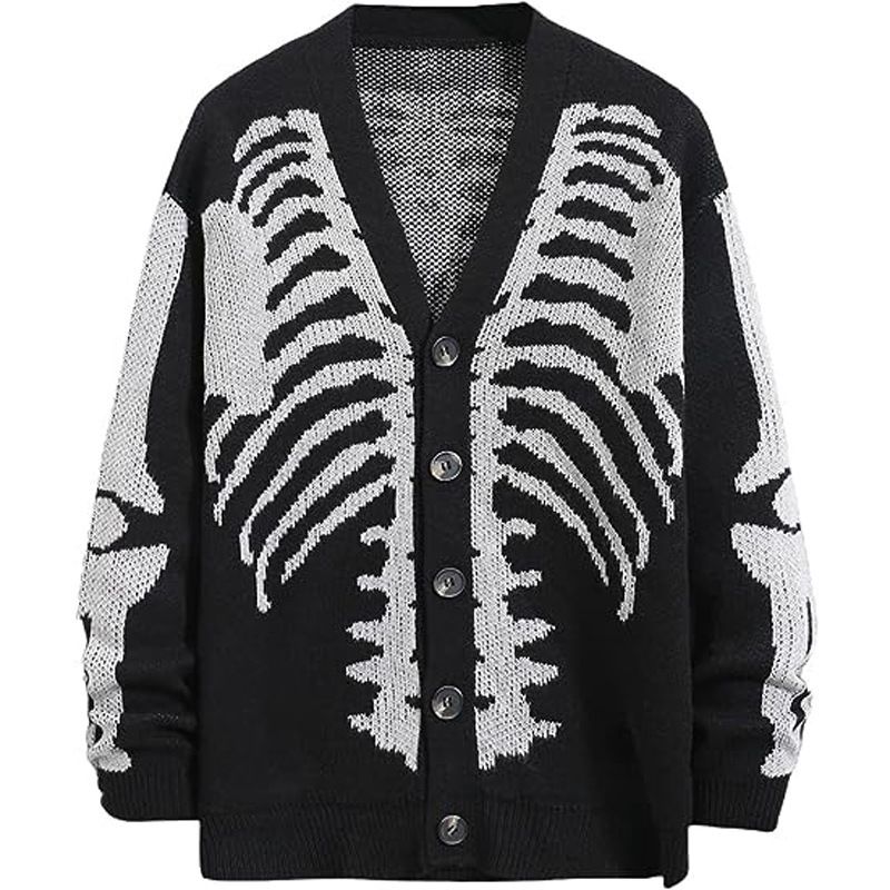 Halloween Skull Print Cardigan – Acrylic Knit Open-Front Sweater For Men & Women (S-3XL, Black/Khaki/Army Green, Oversized Fit, Gothic Streetwear)_viptrois.com