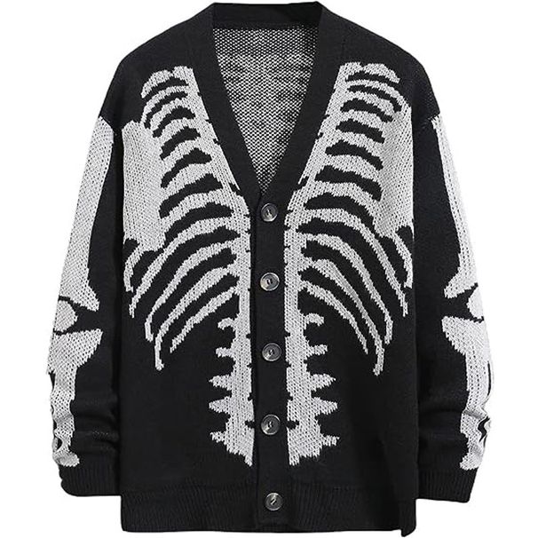 Halloween Skull Print Cardigan – Acrylic Knit Open-Front Sweater For Men & Women (S-3XL, Black/Khaki/Army Green, Oversized Fit, Gothic Streetwear)_viptrois.com