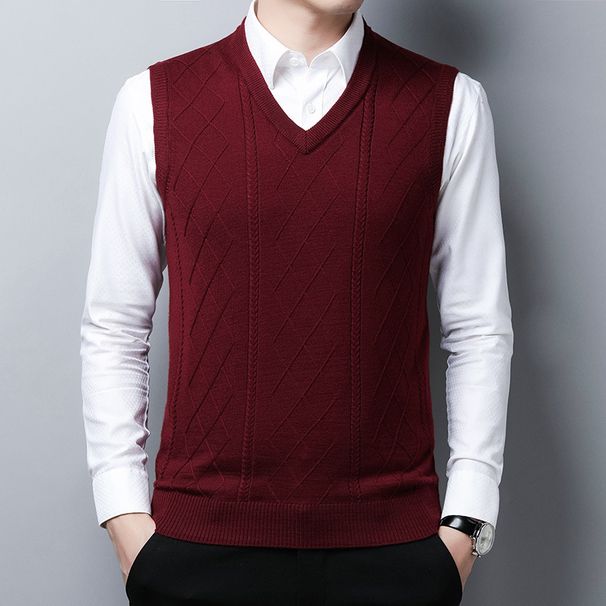 Autumn And Winter New Men's Wool Sweater Knitted Vest Vest Casual Middle Aged Solid Color V Neck Versatile Vest_viptrois.com