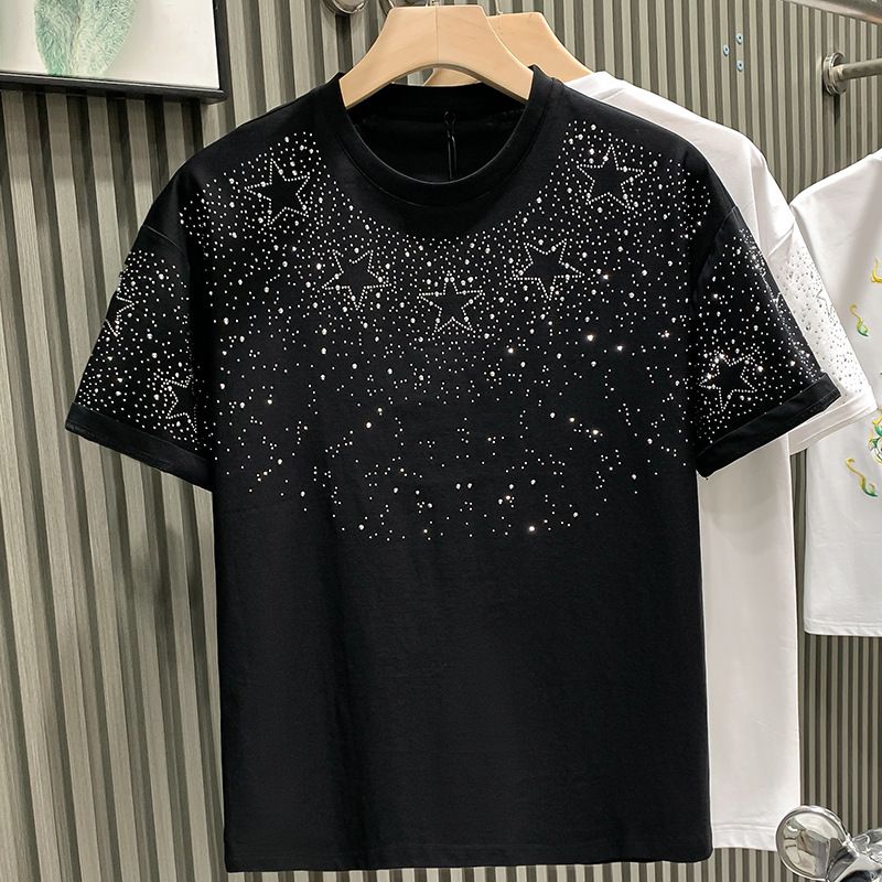 Men's Clothing Summer New Slim Round Neck Short Sleeved T Shirt Casual Hot Diamond Full Of Stars Half Sleeved Trendy Shirt_viptrois.com