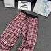 American Retro Red Plaid Pants Men's Autumn Heart Pleated Contrasting Plaid Pants Scimitar Straight Slightly Pulled Trousers_viptrois.com