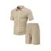 Men's Summer Casual Short Sleeved Shorts Suit Solid Color Pattern Towel Jacquard Cloth_viptrois.com