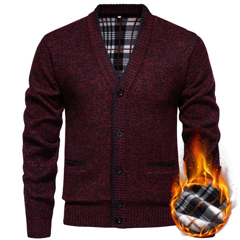 Men's V-Neck Velvet Cardigan – Thick Winter Sweater With Long Sleeves (Burgundy/Dark Gray/Light Gray/Blue/Espresso, M-4XL)_viptrois.com