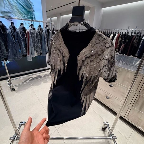 Men's Color Blocked Rhinestone T-Shirt Heavy Duty Sparkly Casual Loose Korean Style Fashion Top Short Sleeved Trendy_viptrois.com