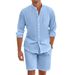 Men's Linen Suit Summer Style Button Down Collar Long Sleeved Shirt Casual Loose Fit Beach Sports Shorts Set_viptrois.com