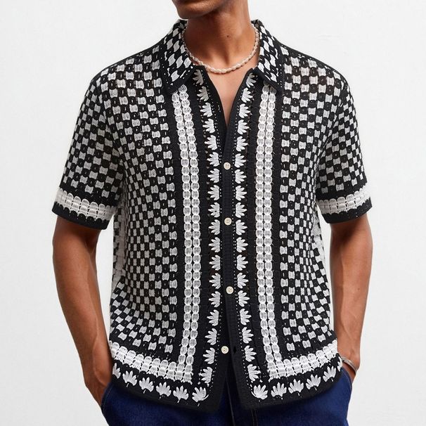 Men's Crochet Knit Cardigan, Black And White Checkered Hollow Out Short Sleeve Casual Polo Shirt, Foreign Trade Men's Clothing SY0004_viptrois.com