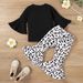 Autumn New Ins Girls' Black Flared Sleeve Top+leopard Print Pants Two-piece Set For Children_viptrois.com