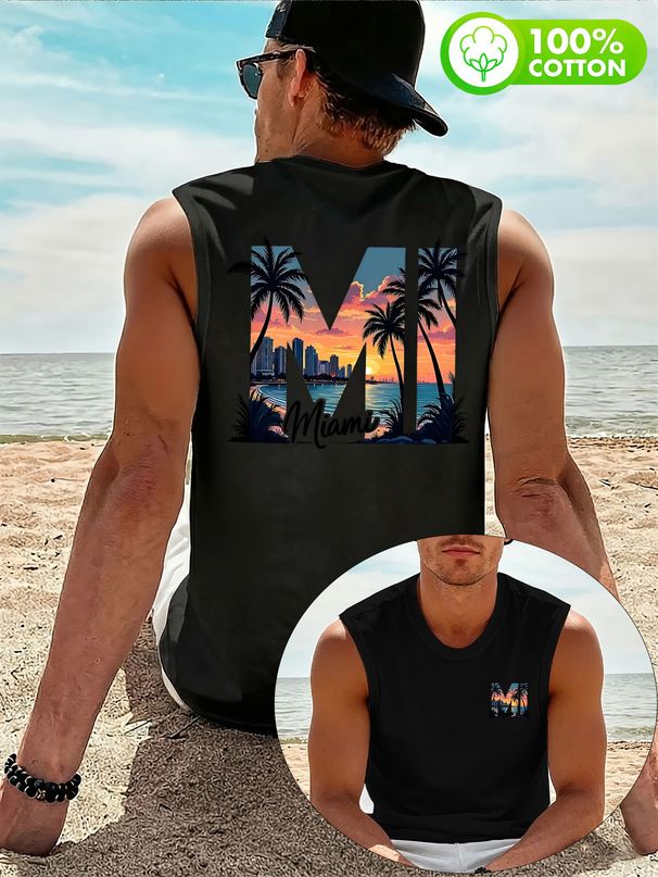 Canotta Uomo Girocollo 100% Cotone 180g Stampa Illustrazione Tramonto Leggera Morbida Senza Maniche Spiaggia Casual Estivo Multicolore_viptrois.com
