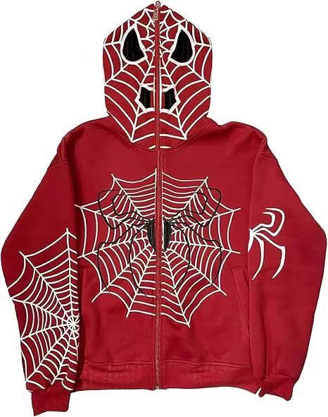 2024 New Spider Web Front And Back Print Hooded Cardigan Long Zipper Sweatshirt Loose Fit Hot Sale_viptrois.com