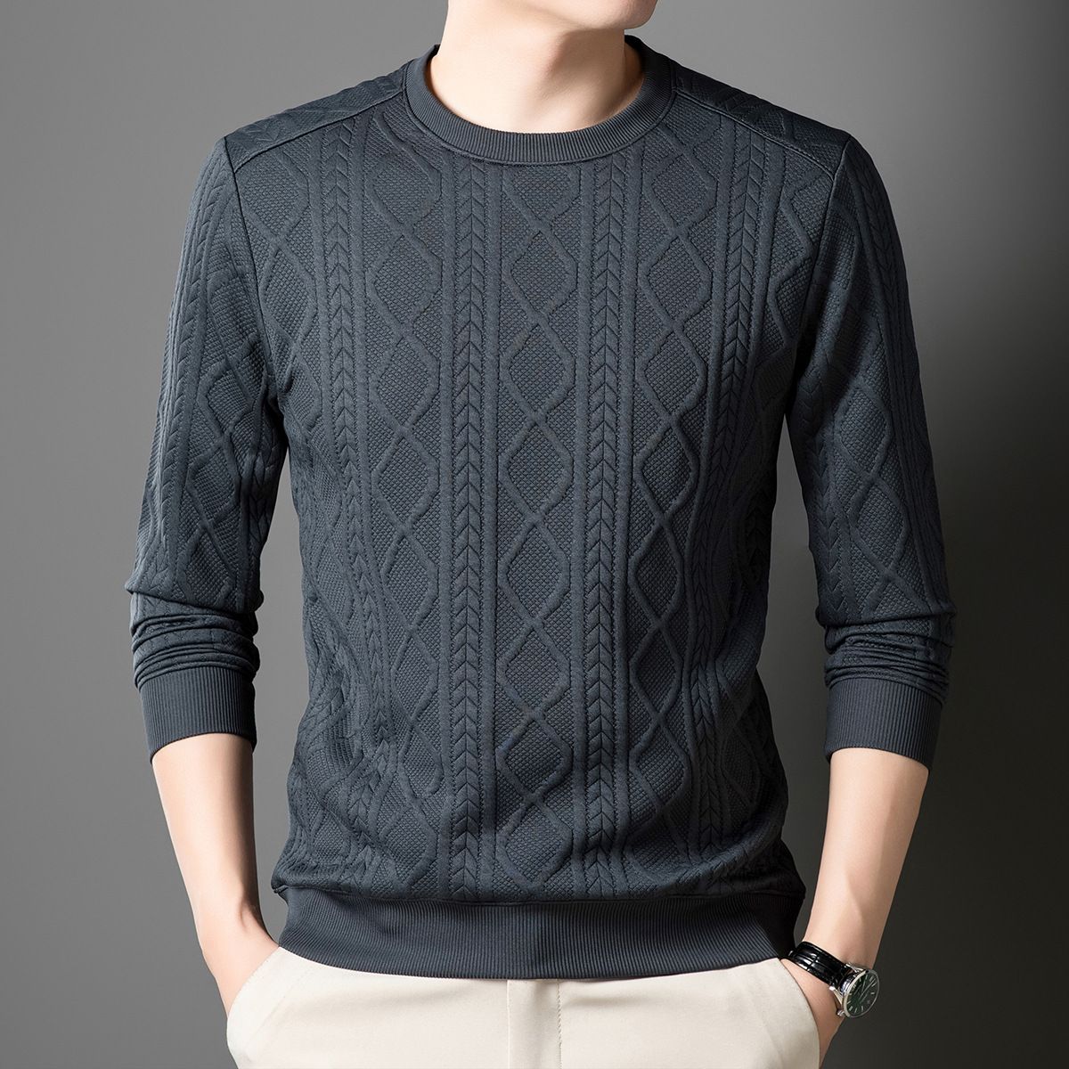 Men's Heavy Jacquard Knit Sweatshirt - Autumn Fashion Crewneck Pullover, Slim Fit Casual Top_viptrois.com