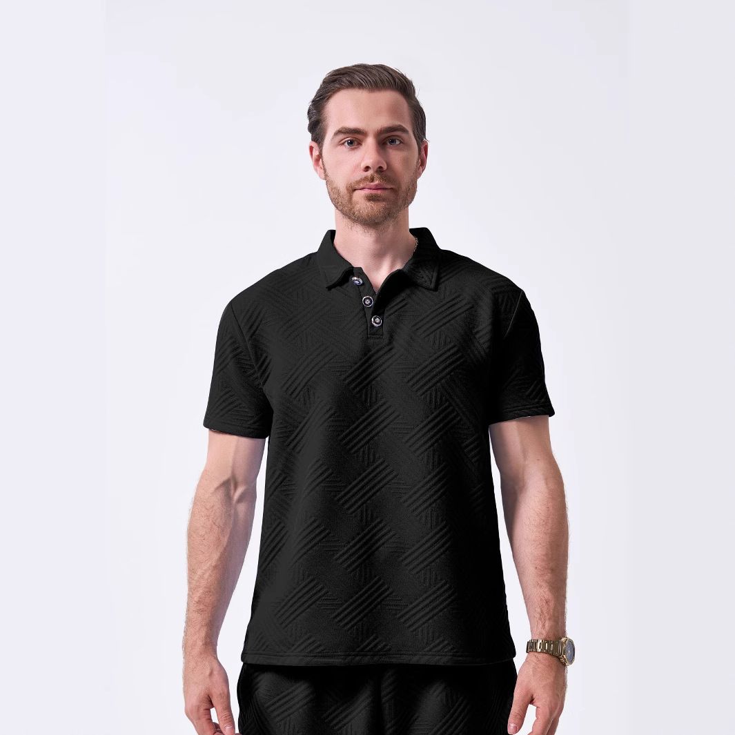 Men's Clothing Men's Summer New Jacquard Solid Color Lapel Button Outdoor Leisure Short Sleeved Polo Shirt_viptrois.com