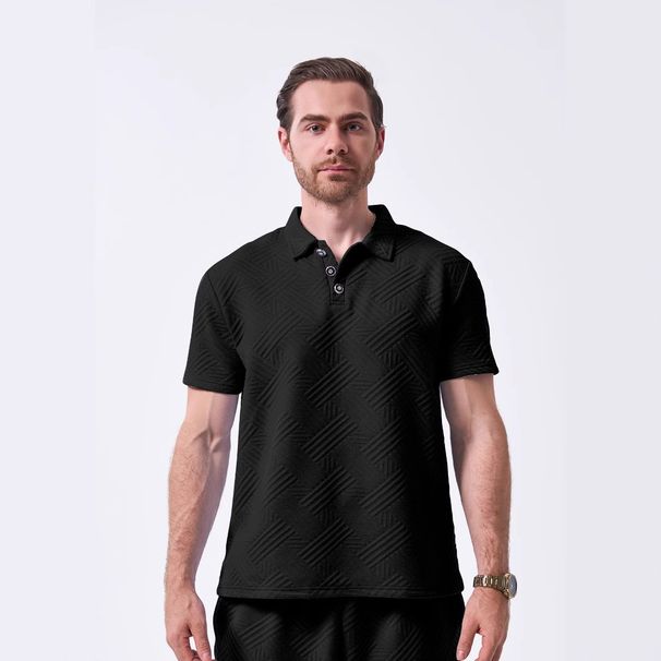 Men's Clothing Men's Summer New Jacquard Solid Color Lapel Button Outdoor Leisure Short Sleeved Polo Shirt_viptrois.com