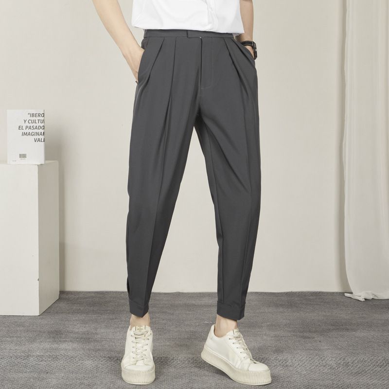 Men's Ice Silk Drawstring Trousers 2024 New Style Velcro Strap High-End Drape Summer Casual Suit Pants_viptrois.com