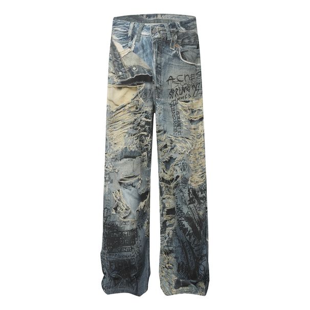 Graffiti Distressed 3D Digital Vintage Jeans For Men American Street Style Niche Design Straight Loose Wide-Leg Pants_viptrois.com
