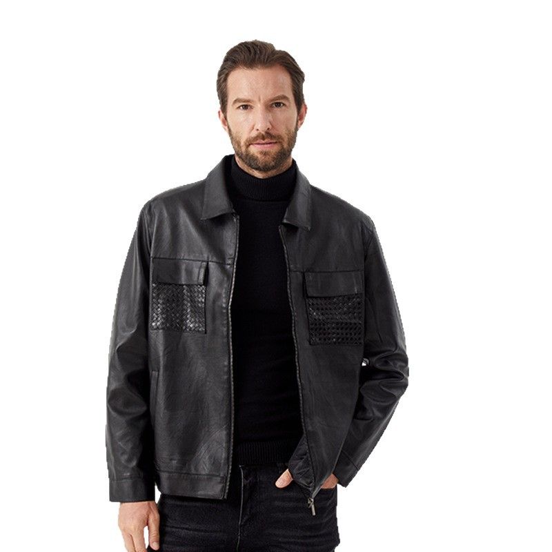 2025 Autumn/Winter Men's New Motorcycle Jacket Flip Collar Multi Pocket Casual Leather Jacket Simple Coat_viptrois.com