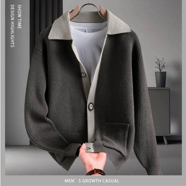 Autumn And Winter Collar Color Blocked Knitted Cardigan Jacket For Men And Teenagers, Casual Sweater Jacket_viptrois.com