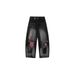 Men's Clothing Heavy Craft Embroidery Retro Red Checkered Patch Stitching Distressed Washed Black Wide Leg Jeans Drape Mopping Pants_viptrois.com