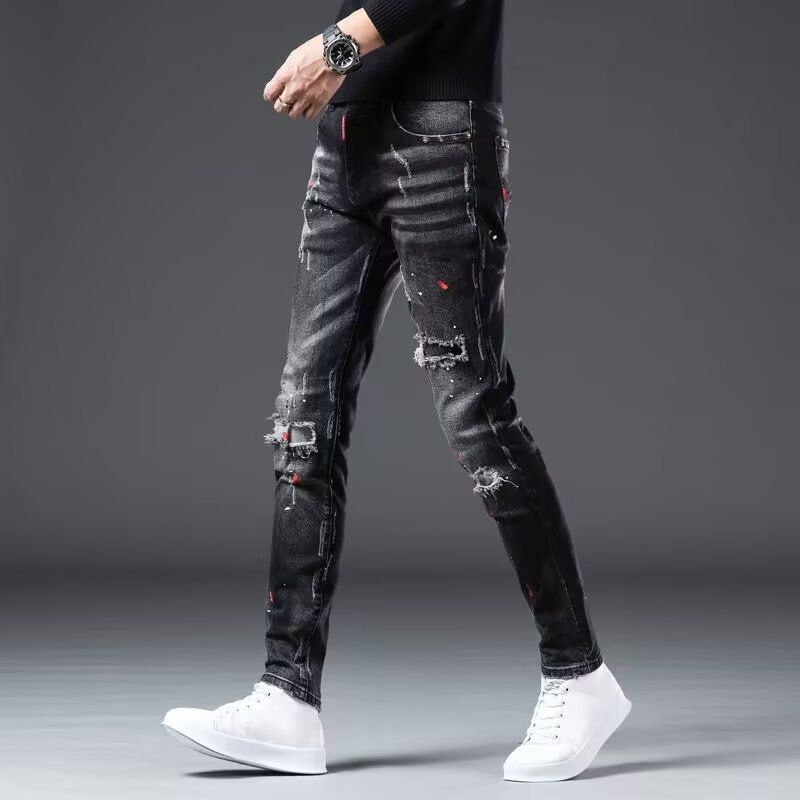Autumn New Black And Gray Jeans Men's Slim Fit Small Feet Splashed With Paint Holes High-end Casual Long Pants Men_viptrois.com