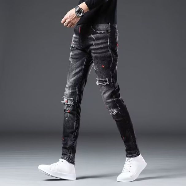 Autumn New Black And Gray Jeans Men's Slim Fit Small Feet Splashed With Paint Holes High-end Casual Long Pants Men_viptrois.com