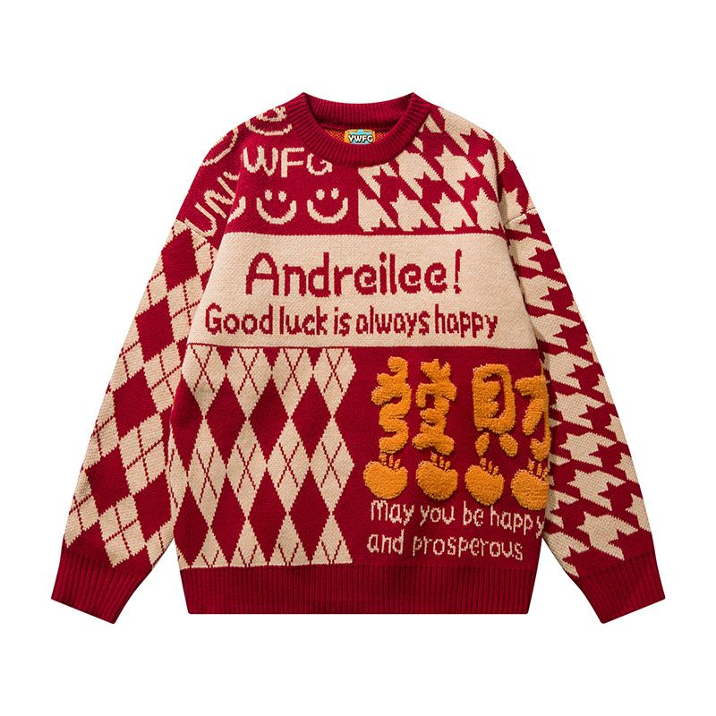 Unisex Hip-Hop Fleece Sweater – Oversized Couple Matching Pullover With Bold Letter Print, Soft Acrylic Blend (Red, S-XXXL)_viptrois.com